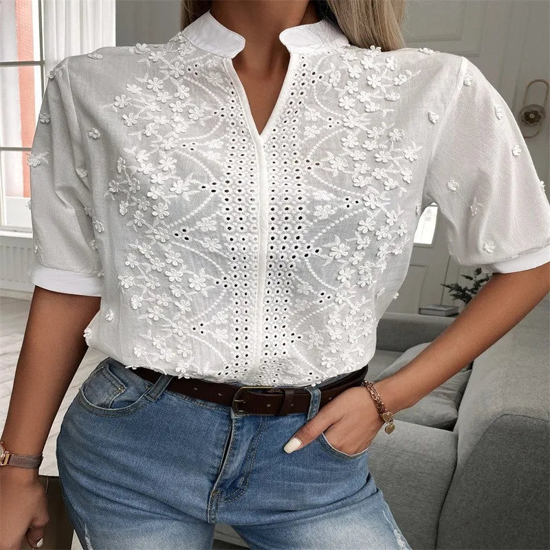 Elegant Summer White Blouse – Vintage Crochet Hollow Short Sleeve Top