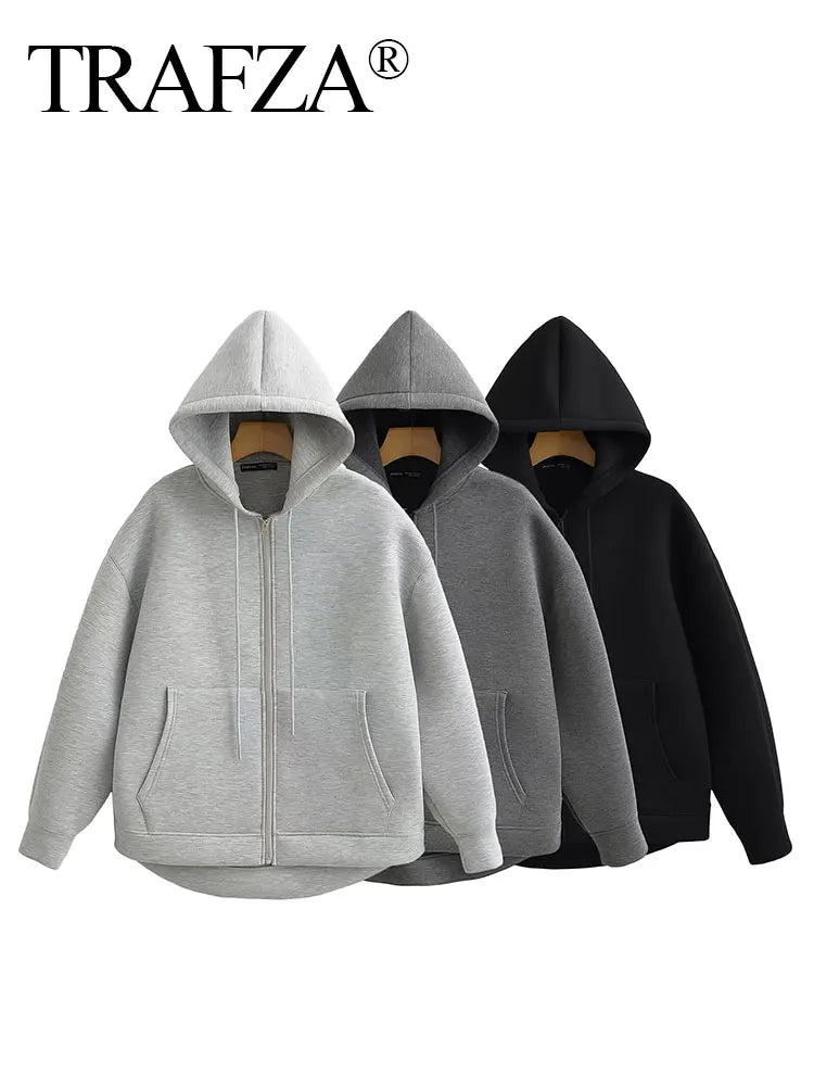 Women’s Autumn Hooded Jacket – Casual Loose Fit with Zipper & Pockets