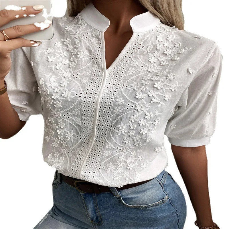 Elegant Summer White Blouse – Vintage Crochet Hollow Short Sleeve Top