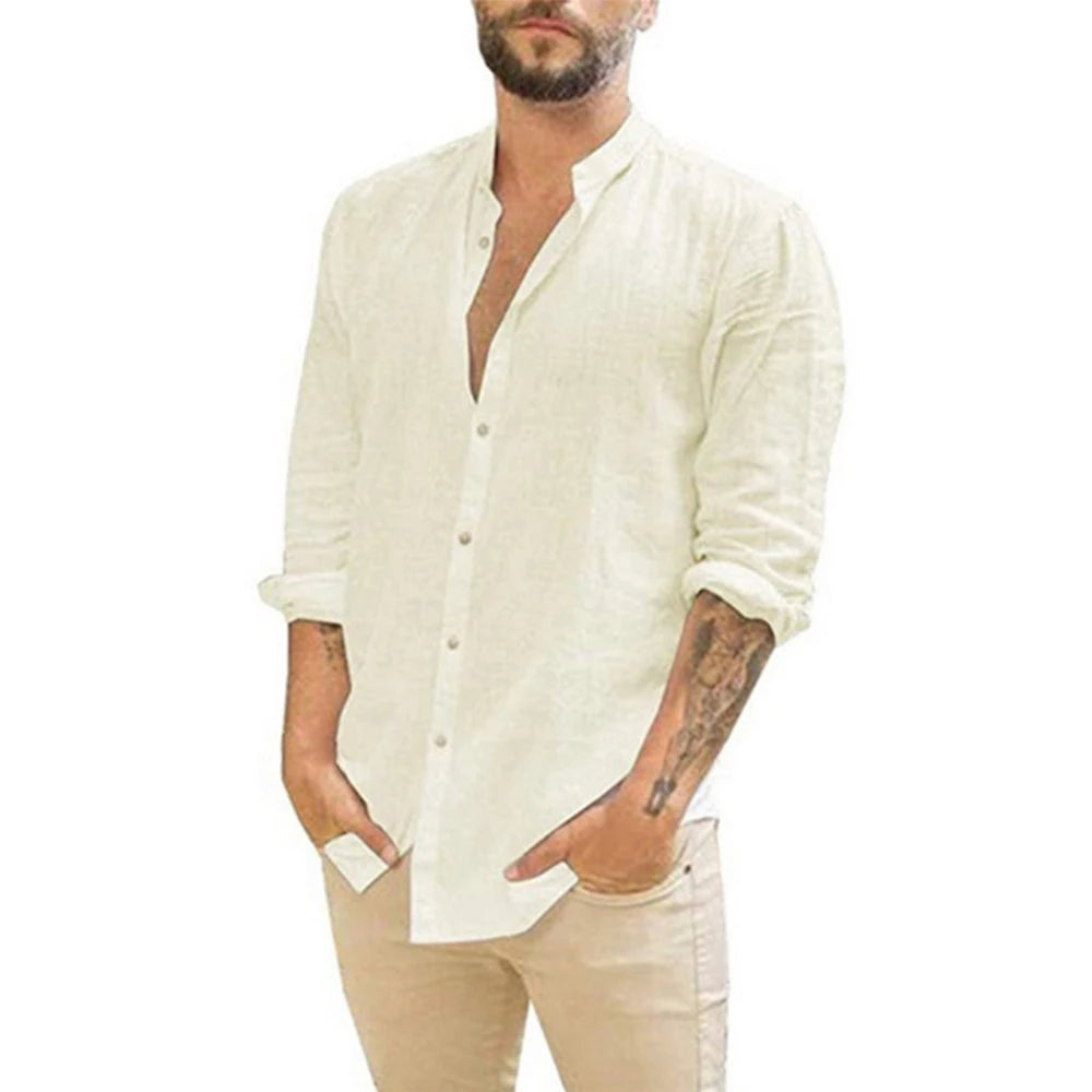 Casual Cotton Linen Beach Shirt for Men – Breathable Plus Size Long Sleeve