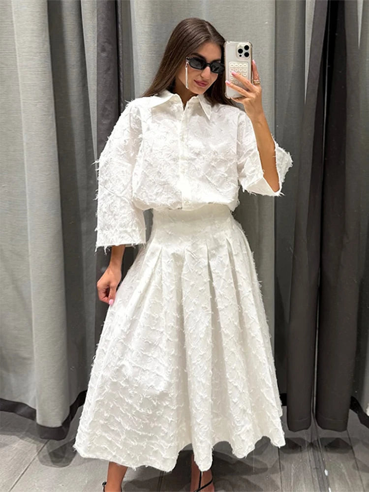 Elegant Shirt and Skirt Set – Women’s Lapel Long Sleeve Top with Pleated High Waist Skirt