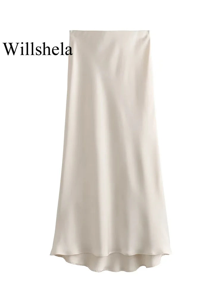 Classic Satin Midi Skirt – Chic High Waist Office & Evening Wear