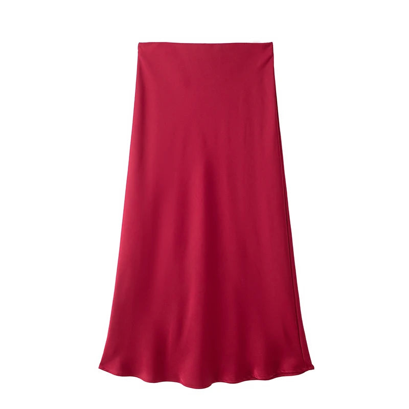 Classic Satin Midi Skirt – Chic High Waist Office & Evening Wear