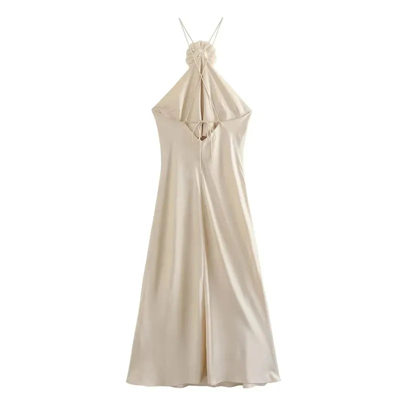 Elegant Long Satin Party Dress – Sleeveless Summer Halter Gown