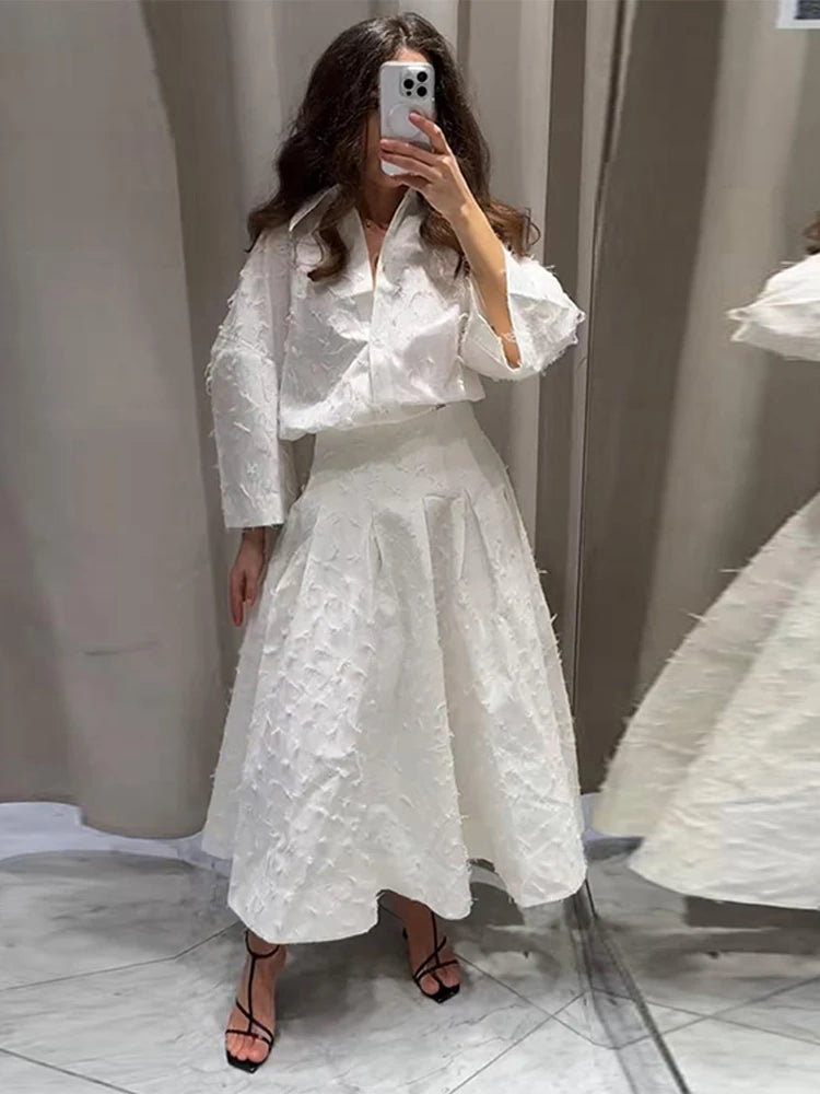 Elegant Shirt and Skirt Set – Women’s Lapel Long Sleeve Top with Pleated High Waist Skirt