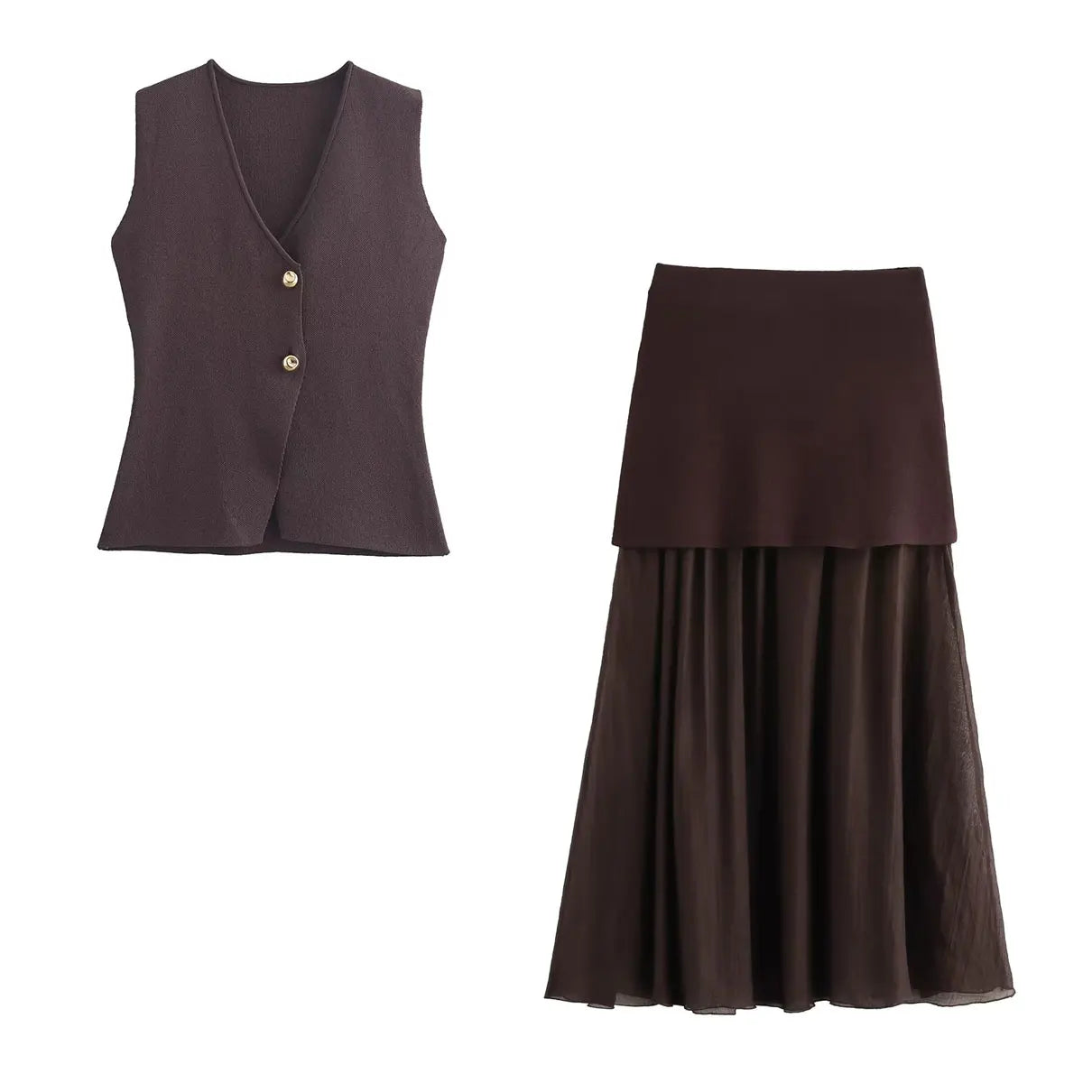 Women’s Knitted Skirt Set – Sleeveless V-Neck Vest & High Waist Long Skirt