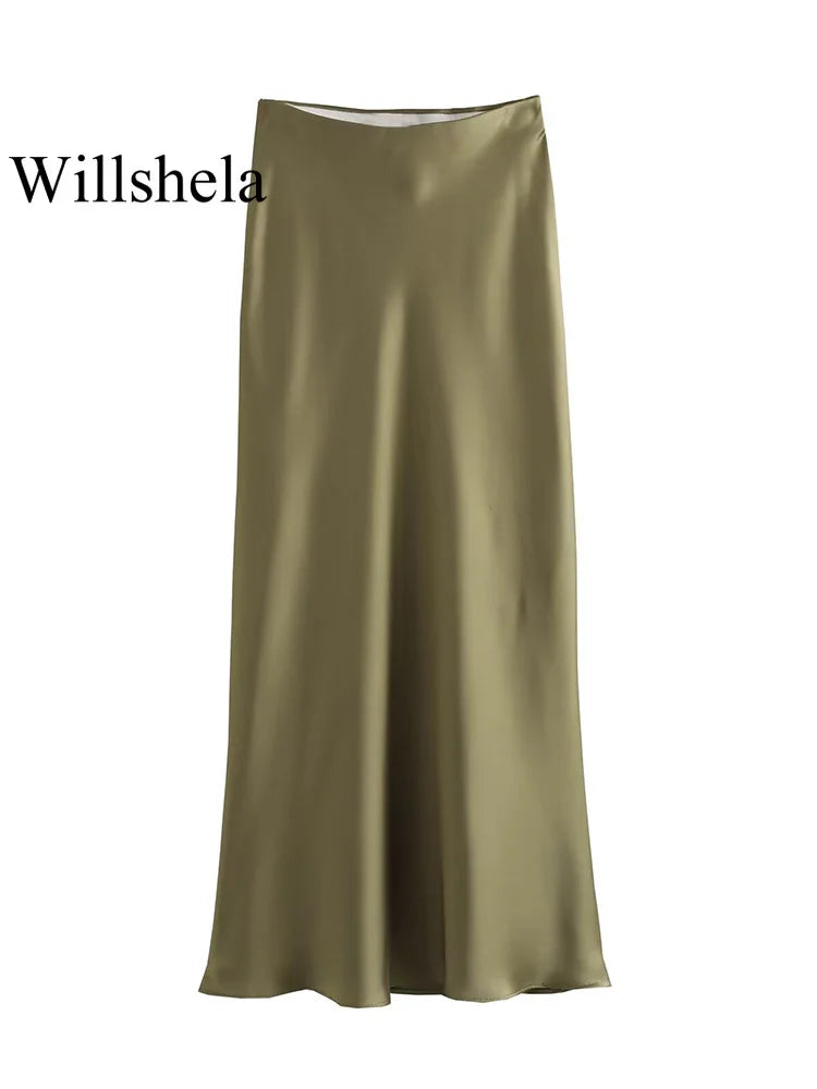 Classic Satin Midi Skirt – Chic High Waist Office & Evening Wear