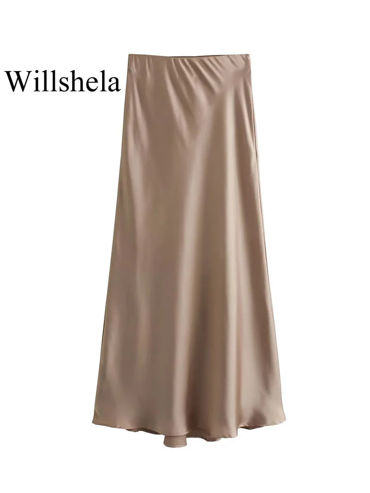 Classic Satin Midi Skirt – Chic High Waist Office & Evening Wear
